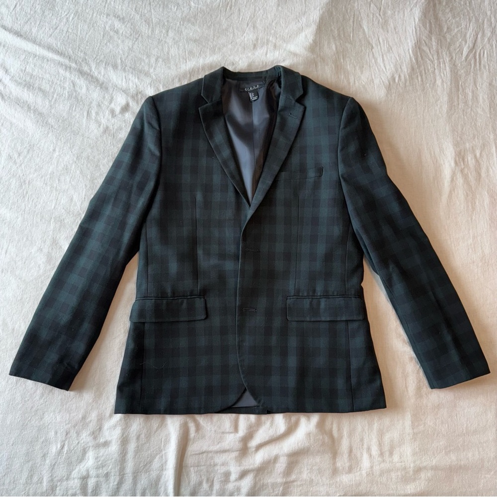Men's Black & Green Checkered Blazer - modern slim fit. size large.